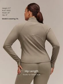 GLOWMODE Plus Size FeatherFit™ Beat The Chill High-Neck Pullover With Thumbholes & Reflective Polka-Dot Back Running Gym Training Fall Active Wear - Olive Brown - View 2