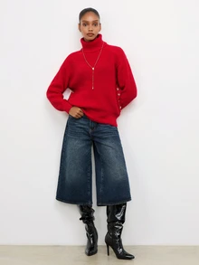 Maija Holiday Urban Party Red Autumn/Winter Women's High-Neck Ribbed Loose Side-Seam Metal Decor Sweater - Red - View 2