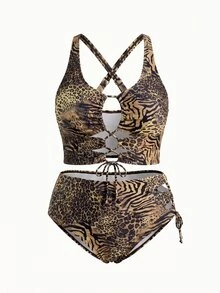 Slaydiva Setelan Baju Renang 2 Potong Wanita Ukuran Besar untuk Musim Panas di Pantai dengan Motif Leopard Seksi, Terdiri dari Tankini dan Bawahan Tankini Segitiga. - MultiWarna - View 2