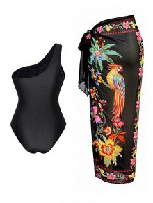 Swim Oasis Women's Solid Color One-Shoulder Ruched One-Piece Swimsuit With Palm Tree Print Cover Up Skirt Set - Black - View 2