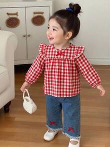 Vintaside Kids 2pcs/Set Girls Classic Plaid Top With Lantern Puff Sleeves And Blue Wide Leg Denim Jeans, Spring/Autumn - Red - View 1