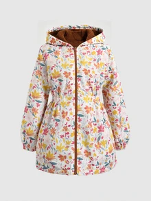 SHEIN Tween Girl 兒童冬季棕色碎花保暖內裡拉鍊外套，彈性腰圍附帽，加厚休閒通勤秋冬外穿外套 - 棕色 - 查看 4