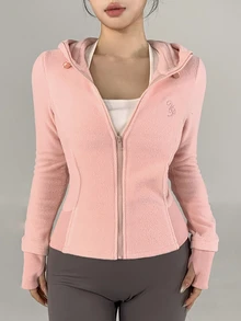 DAZY Women's Letter Embroidered Zipper Front Drawstring Hooded Sports Jacket - Pink - View 5