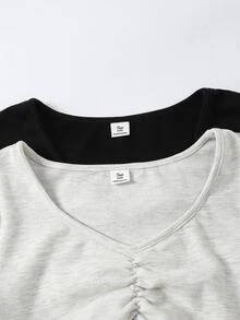 SHEIN 青少年女孩秋冬款 T-shirt 2 件組，淺灰色與黑色，愛心領口，前腰抽褶，喇叭長袖上衣 - 彩色 - 查看 4