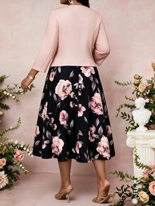 SHEIN Lady CURVE Plus Size Women Floral Print Dress And Solid Color Cardigan Casual Elegant 2 Pieces Set Party Wedding Dusty Pink - Multicolor - View 2