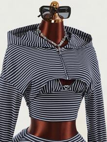 Mistrie Women's Striped Zipper Front Cropped Hoodie, Cropped Halter Top And Skirt Set - Multicolor - View 7