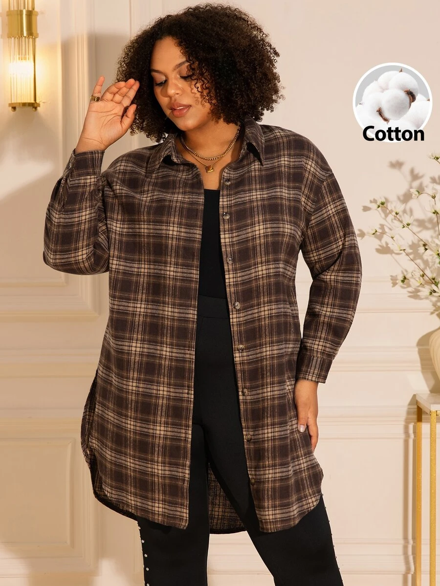 BrightlyHer Plus Size Casual Plaid Single-Breasted Long Sleeve Shirt For Daily Wear - Brown - View 1