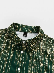 DSELFIQUE Men's Shiny Print Short Sleeve Single-Breasted Casual Shirt - Green - View 3