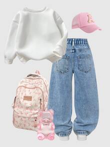 Setelan 2 Potong Gaya Feminin untuk Anak Perempuan - Atasan Sweatshirt dengan Hiasan Pita Merah Muda & Celana Jeans Denim Lebar yang Serasi, Pakaian Kasual yang Manis dan Imut - MultiWarna - View 2