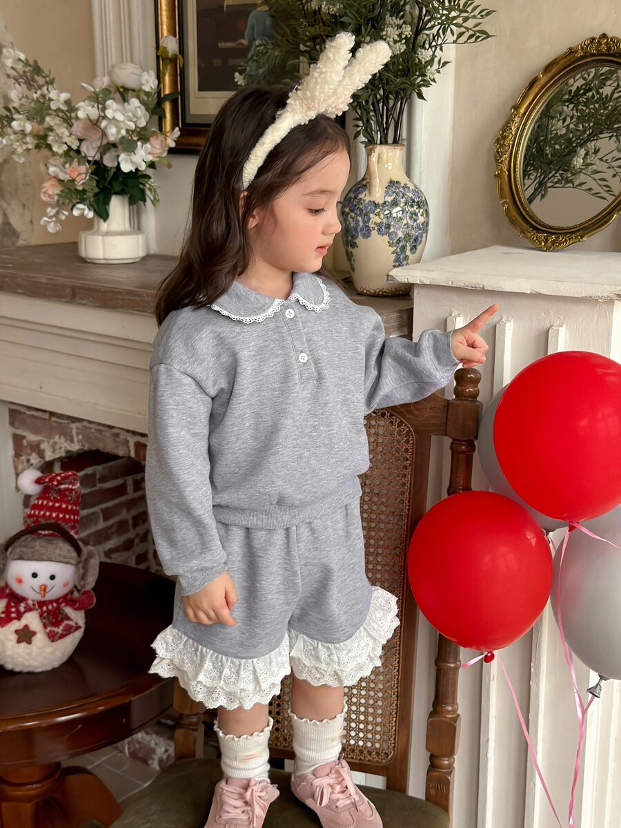 DAZY Baby Girl Contrast Lace Button Half-Placket Long Sleeve Sweatshirt And Shorts Cute Set - Light Grey - View 1