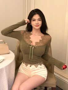 DAZY Women's Lace Patchwork Casual Daily Long Sleeve T-Shirt - Dark Green - View 10