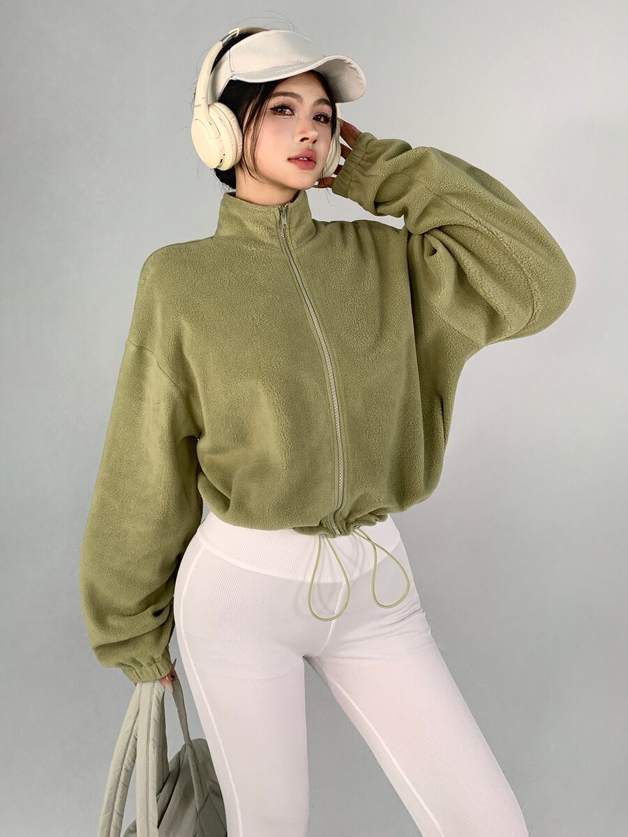 DAZY Women's Solid Color Dropped Shoulder Long Sleeve Zip-Up Sports Jacket - Limelight Green - View 1
