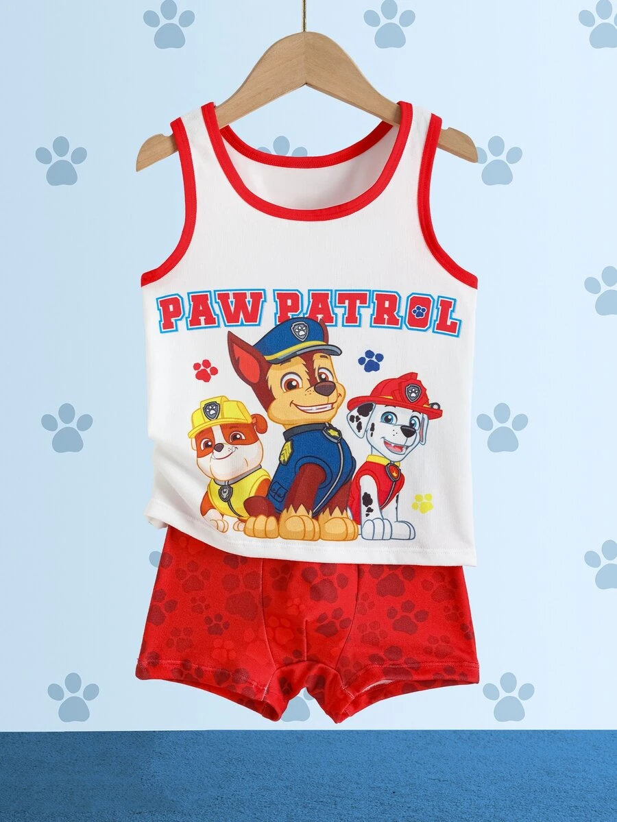 SHEIN | PAW Patrol Young Boy Cartoon Print Tank Top And Shorts Underwear Set - Red and White - View 1