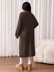 SHEIN PETITE 女款保暖開襟衫，適合秋冬外出與日常旅行，米色休閒風 - 巧克力棕 - 查看 2