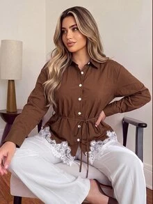 Vionelle قميص كاجوال نسائي مقاس كبير بلون موحد وأكمام طويلة وأزرار أمامية للخريف - قهوة بني - مشاهدة 4