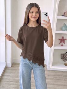 SHEIN Tween女孩 34%棉 素色圓領落肩短袖休閒寬鬆不對稱下擺T恤 夏季 - 棕色 - 查看 3