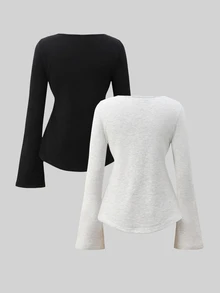 SHEIN 青少年女孩秋冬款 T-shirt 2 件組，淺灰色與黑色，愛心領口，前腰抽褶，喇叭長袖上衣 - 彩色 - 查看 3