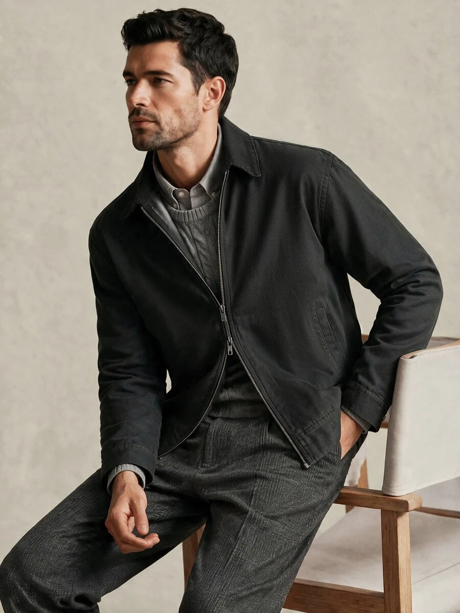 Lornavo Men's Zipper Pocket Long Sleeve Jacket, Versatile For Daily Wear - Black - View 1