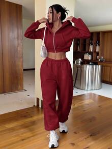 SHEIN EZwear 女款休閒粉色連帽衛衣與運動長褲兩件式居家服套裝 - 酒紅色 - 查看 5
