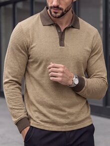Manfinity Bizformal 26 春夏必備！男士咖啡色紋理長袖 Polo 衫，復古休閒與輕商務風 - 棕色 - 查看 5