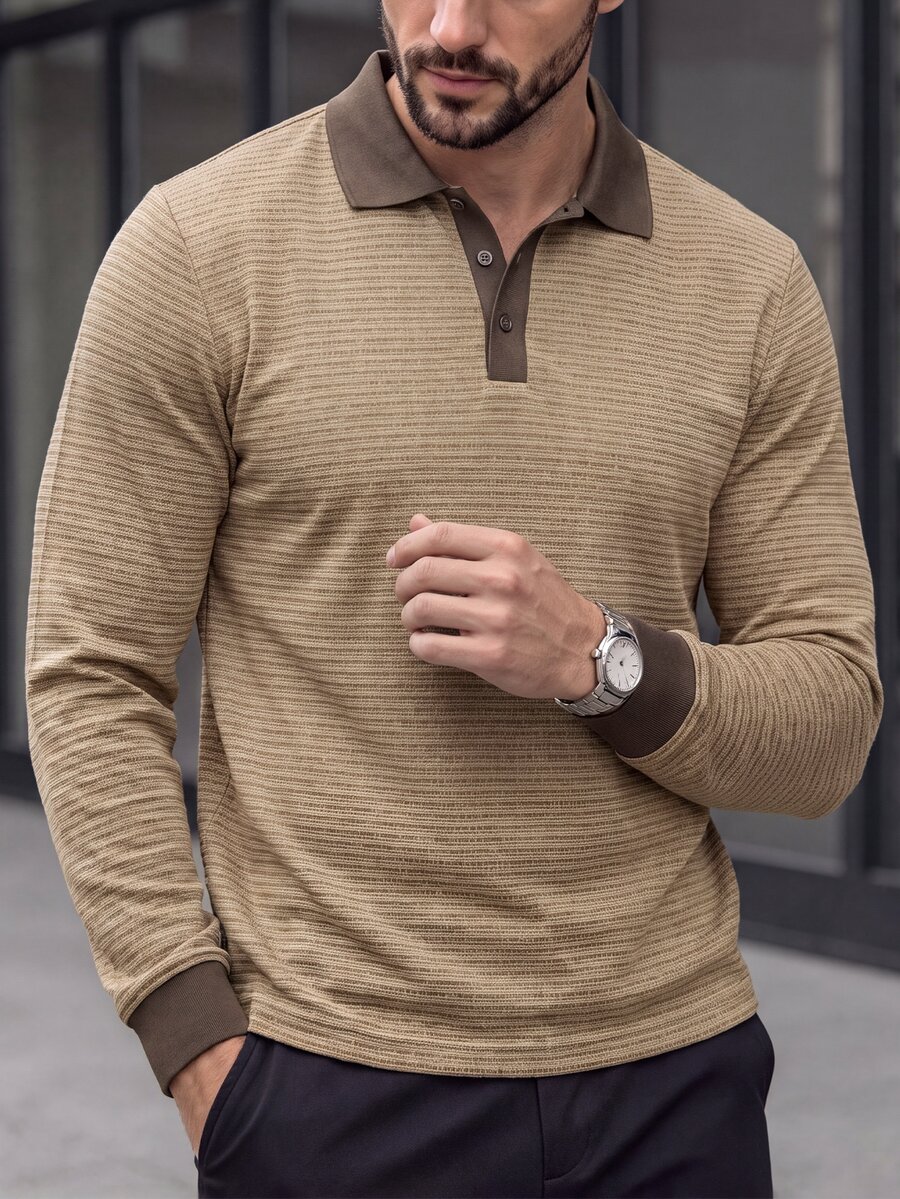 Manfinity Bizformal 26 Spring Summer Must‑Have! Men Coffee Textured Long‑Sleeve Polo Shirt, Vintage Casual & Light‑Busin - Brown - View 1