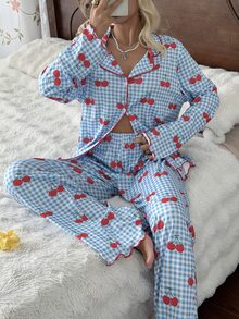 SHEIN 甜美韓系格紋櫻桃印花女款睡衣家居服 長袖長褲套裝 - 藍色 - 查看 3