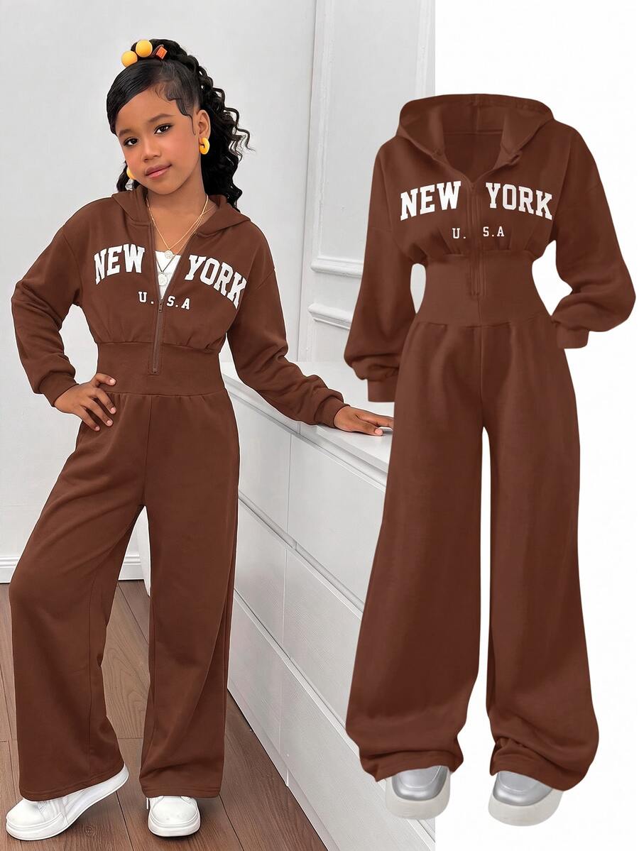 SHEIN 女童時尚簡約純色連帽拉鍊印字字母高腰秋冬連身褲 - 棕色 - 查看 1