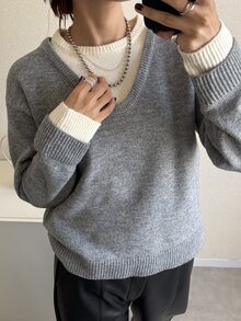 FRIFUL Women's Faux Two-Piece Patchwork Casual Daily Long Sleeve Sweater - Grey - View 8
