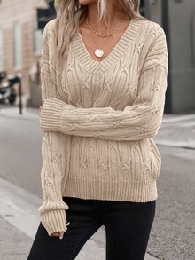 SHEIN VCAY Plus Size Women's Retro High Neck Turn Collar Pullover Sweater For Commuting - Apricot - View 5