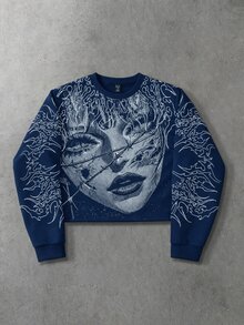 ROMWE MEN Men's Anime Girl Print Crew Neck Long Sleeve Casual Sweatshirt - Blue - View 1