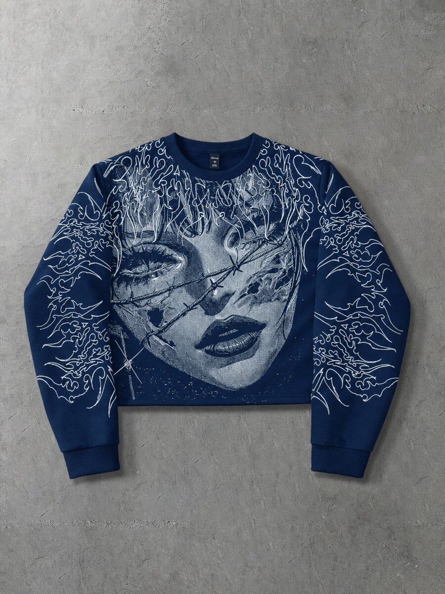 ROMWE MEN Men's Anime Girl Print Crew Neck Long Sleeve Casual Sweatshirt - Blue - View 1