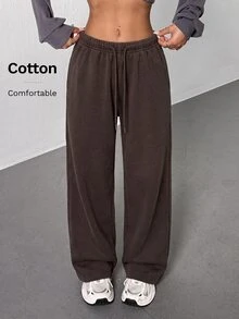 SHEIN PETITE Women's Casual Streetwear Athleisure Low-Waist Straight Sweatpants Suitable For Summer Washed Wide Leg Comfy Oversized Lounge Work Petite Dark Grey - Coffee Brown - View 1
