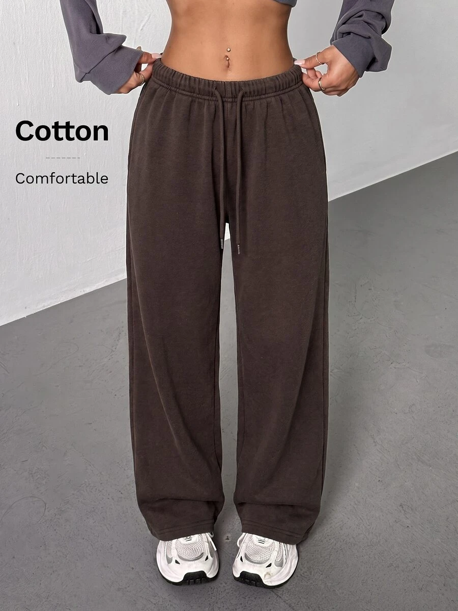 SHEIN PETITE Women's Casual Streetwear Athleisure Low-Waist Straight Sweatpants Suitable For Summer Washed Wide Leg Comfy Oversized Lounge Work Petite Dark Grey - Coffee Brown - View 1