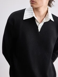 RONVEXI 男士拼接領假兩件式長袖套頭毛衣，休閒針織秋冬服飾，黑色寬鬆時尚通勤穿搭，百搭翻領套頭毛衣 - 黑色 - 查看 7