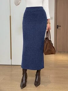 Easowa 秋季女裝 秋冬質感卡其色優雅棕色長裙 針織中長裙 沙烏地國慶日聖誕女裝 - 藏蓝色 - 查看 2
