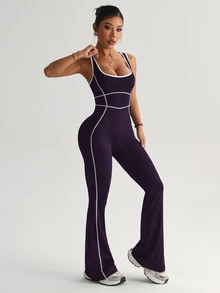 SHEIN Sports 女款瑜伽戶外健身連身褲，寬肩帶緊身顯瘦喇叭褲，對比色條紋設計 - Bold Plum - 查看 7