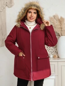 EMERY ROSE Plus Size Women's Winter Casual Fur Collar Solid Color Padded Coat - Red Violet - View 3