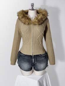 SHEIN ICON Women's Plus Size Zipper Faux Fur Hooded Knit Sweater - Khaki - View 3
