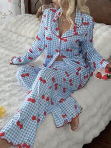 SHEIN 甜美韓系格紋櫻桃印花女款睡衣家居服 長袖長褲套裝 - 藍色 - 查看 1