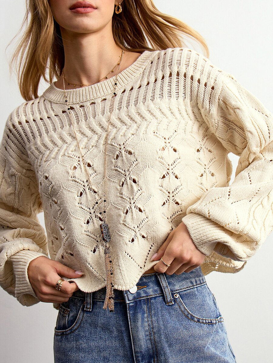 Willow Rêve Sweater Pullover Kasual Lengan Panjang Bahu Jatuh Berlubang Warna Krem untuk Wanita - Krim - View 1
