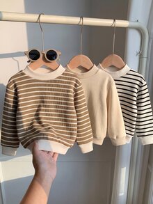 SHEIN 3件組嬰兒男/女童休閒基礎條紋圓領衛衣，秋冬中性嬰兒服飾 - 彩色 - 查看 7