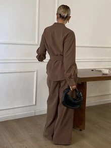 Livesso Women's Solid Color Knot Waist Long Sleeve Top And Pants Casual Daily 2 Pieces Set - Coffee Brown - View 2
