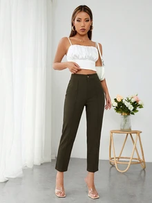 SHEIN PETITE 高腰壓褶錐形黑色夏季長褲，適合嬌小女性 - 軍綠色 - 查看 4