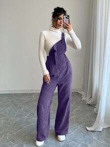 Elenzga Jumpsuit Tanpa Lengan dengan Tali Tebal Warna Polos untuk Wanita, Bahan Korduroi, Musim Gugur/Dingin - Purple - View 5