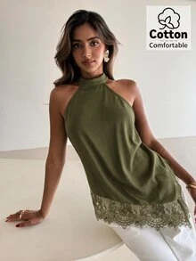 Aloruh 女款蕾絲拼接休閒日常穿搭掛脖上衣 - 軍綠色 - 查看 6