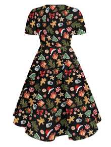 EMERY ROSE Plus Size Women's Summerween Halloween Ghost Pumpkin Floral Print Short Sleeve A-Line Dress, Fall Spooky Season Casual Party Outfits Christmas - Multicolor - View 2
