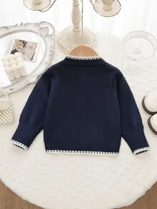 Souflis 女嬰海軍藍圓領全刺繡小蝴蝶結針織開襟衫 單排扣長袖毛衣外套 嬰兒幼兒日常外出 春秋冬三季百搭外套上衣 - 藏蓝色 - 查看 2