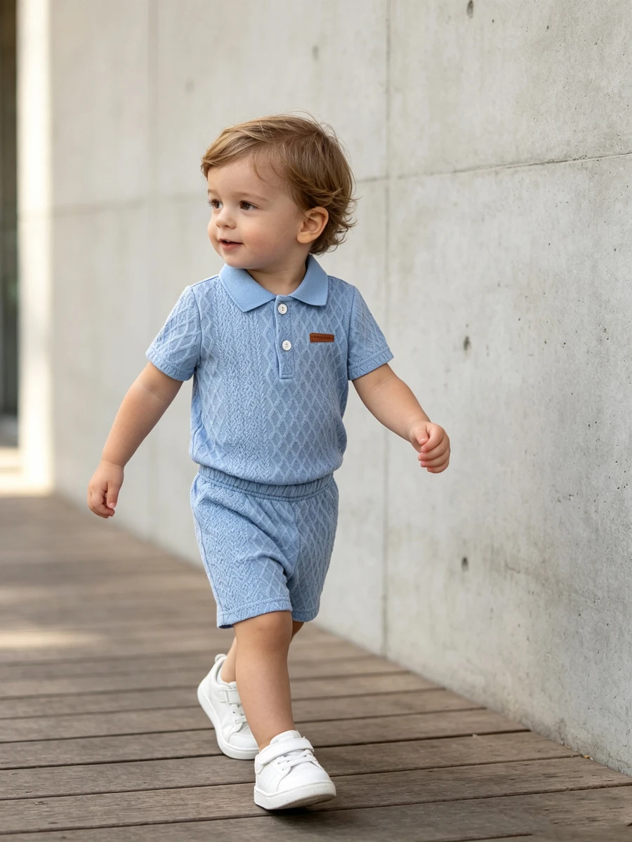 SHEIN Vintaside Kids 2pcs Baby Boys Summer Casual Outfits Button Ribbed Polo Shirt With Elastic Waist Shorts Set - Blue - View 1
