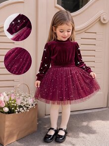 SHEIN Playful Pals 1件女童酒紅色圓領綴珠長袖星星網紗下擺洋裝，清新優雅甜美風，適合秋冬日常與派對場合 - 紅色 - 查看 3
