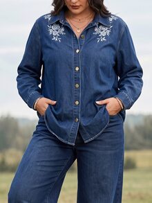 EMERY ROSE Winter Vintage Loose Fit Button Down Embroidered Denim Dark Blue Commute Office Warm Plus Size Denim Top For Women - Dark Wash - View 5